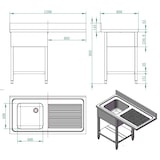 thumbnail of Fregadero industrial con escurridor y hueco lavavajillas, pila izquierda, estante, acero inoxidable 1200 x 600 mm 10208 Vaiotec