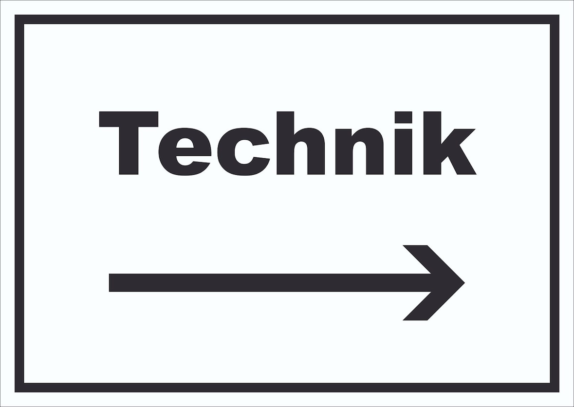 Technik Schild mit Text und Richtungspfeil rechts Hauswirtschaftsraum waagerecht A3 Rückseite selbstklebend