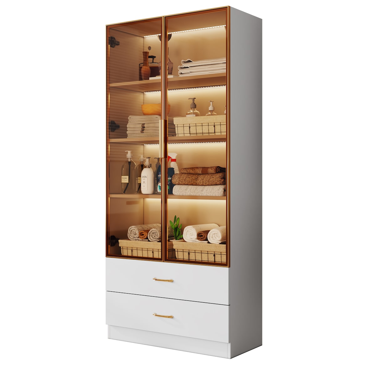 Badezimmerschrank 75x34x170 cm Weiß mit 2 großen Schubladen, 2 Glastüren und Lichtleiste für Badezimmer und Wohnräume
