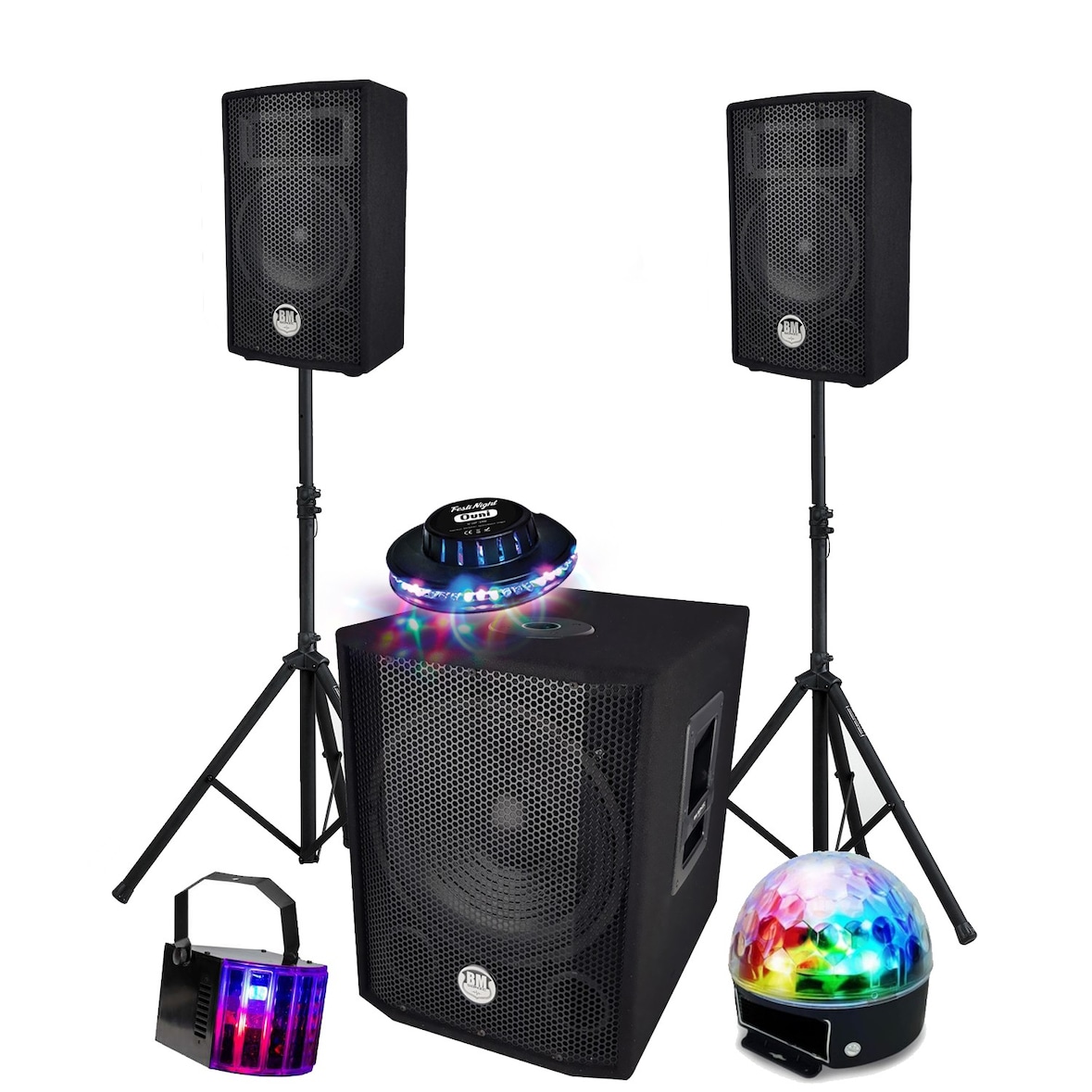 Sono complète 1000W, USB Bluetooth Caisson bi-amplifié 600W, 30cm, 3 jeux de lumières LED Animation Club, Soirée