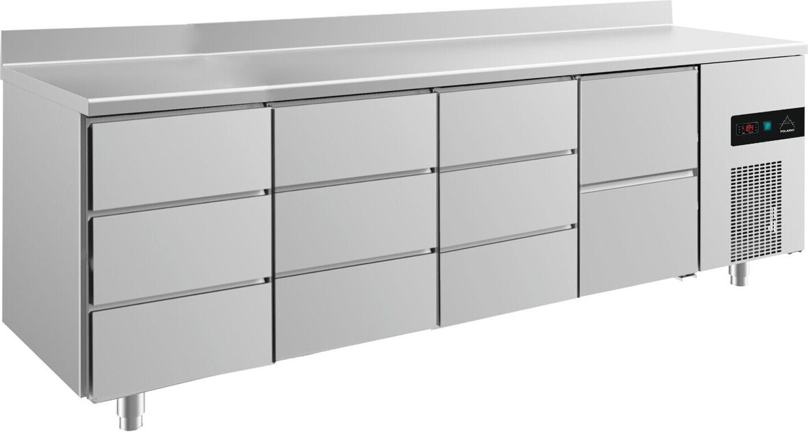 Gastro Kühltisch 2 Schubladen rechts je 3 Schubladen links&mittig Umluftkühlung Aufkantung, 2330x700x850mm -2/+8°C
