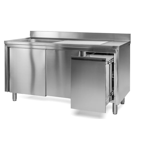 Edelstahl Spülschrank 1 Becken links, mit Aufkantung, Abfallbehälter rechts, Premium - montiert: 160 x 70 cm / mit Aufkantung / fertig montiert