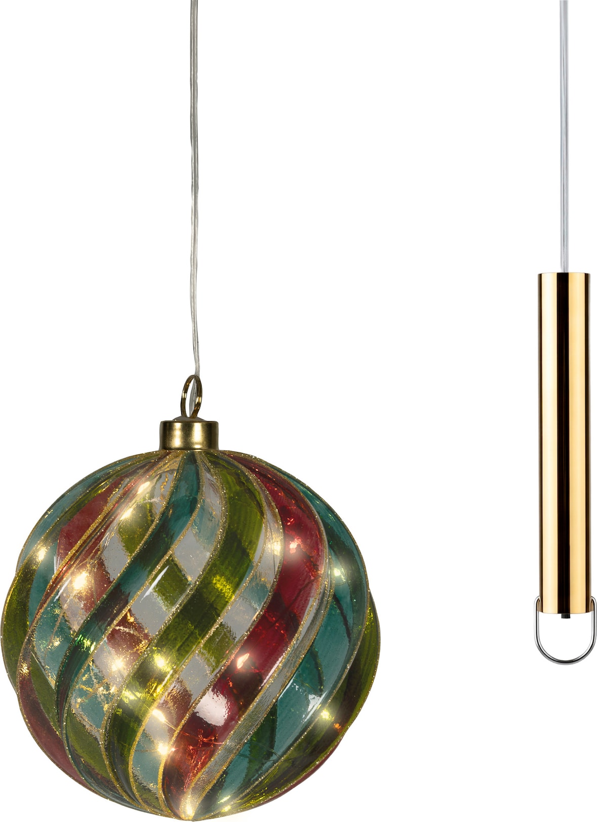 Micro LED Glaskugel 14cm warmweiß Kupfer Glas Timer Batteriebetrieb Leuchtkugel Weihnachtsdeko Hängedekoration mit bunten Wellen Rot Grün