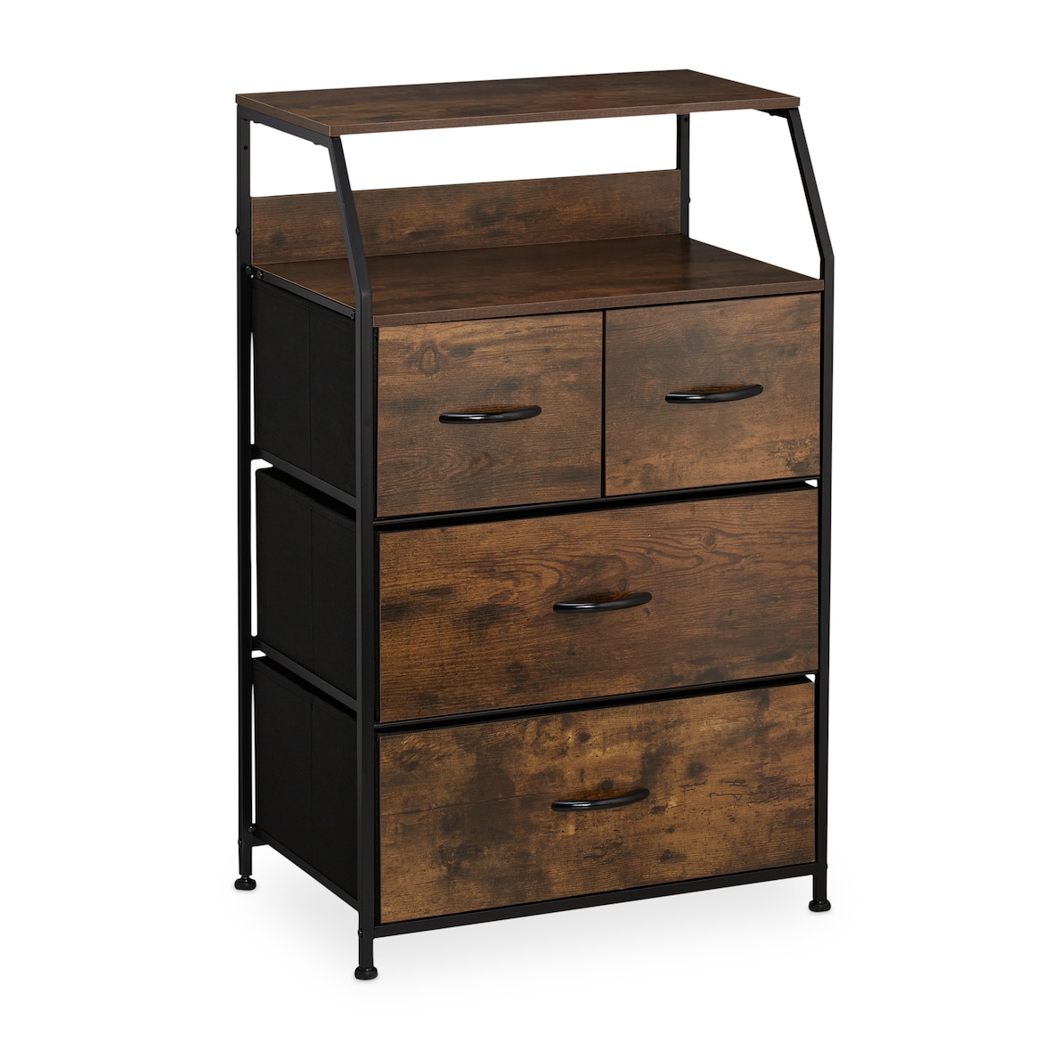 Relaxdays Kommode Industrial, HBT: 96,5 x 60 x 41,5 cm, Stoff, Metall, Holzoptik, 4 Schubladen, Sideboard, braun/schwarz