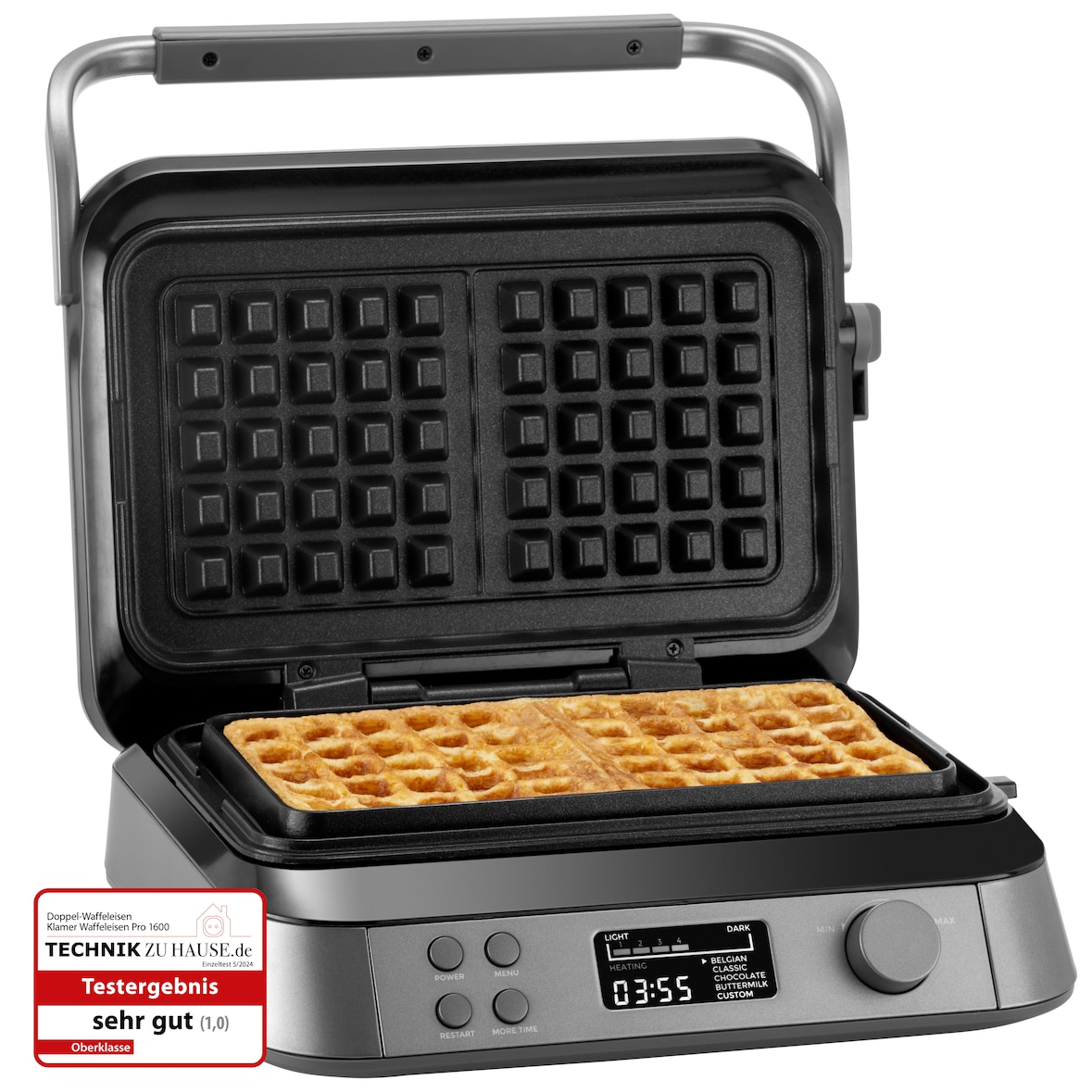 KLAMER Waffeleisen belgische Waffel, Waffeleisen doppelt mit 7 Stufen und 5 Programmen, Platten mit Antihaftbeschichtung, 1600W, grau