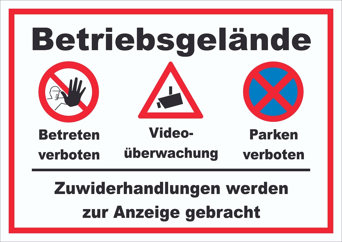 Schild Betriebsgelände Betreten Video Parken A1 (594x841mm)