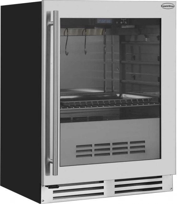 Dry Age Schrank CHARTREUX | 1x abschließbare Glastür + LED | 127 Liter, HxBxT 82x59,5x57cm | +1/+25°C | Edelstahl Schwarz | + CHEFGASTRO Geschirrtuch