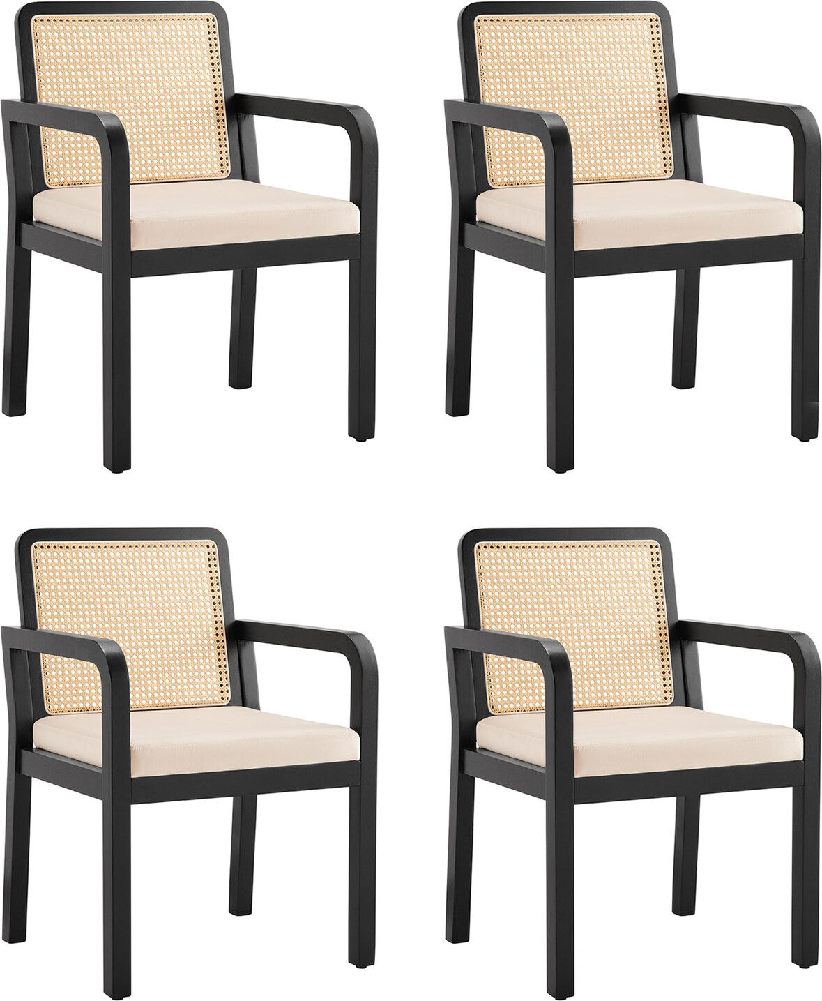Esszimmerstuhl Samt & Gummibaumholz in Schwarz, 56x57x83 cm, mit PE-Rattan-Rückenlehne und Stellfüßen
