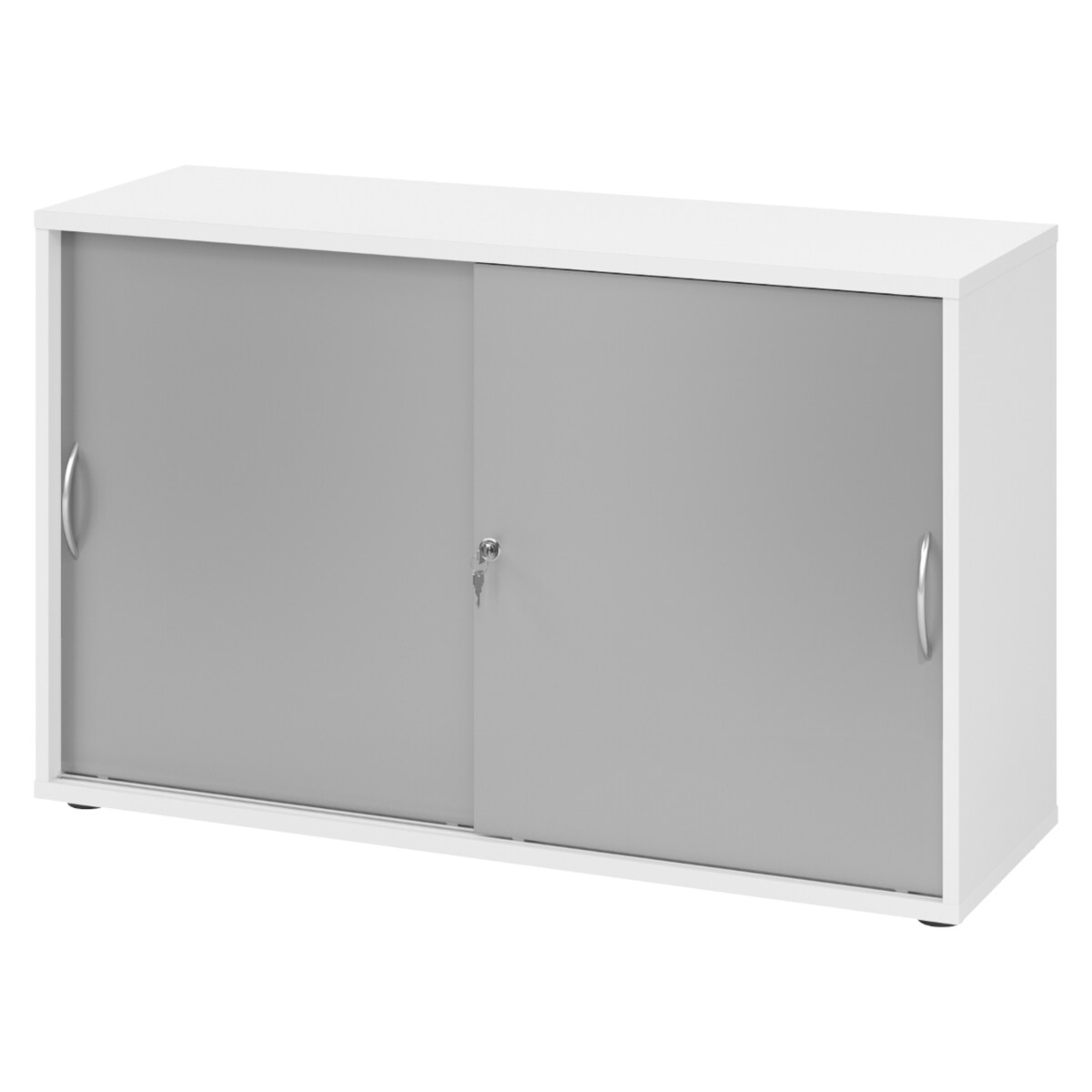 bümö Schiebetürenschrank 2OH - Aktenschrank abschließbar, Sideboard Schrank mit Schiebetüren in Weiß/Silber, Bogengriff - Büroschrank aus Holz mit