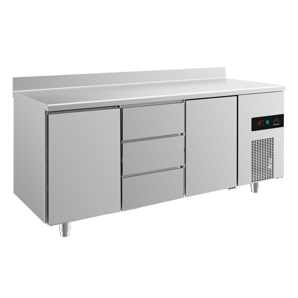 Gastro Kühltisch 2 Türen links&rechts 3 Schubladen mittig Umluftkühlung Aufkantung, 1865x700x850mm -2/+8°C 474L