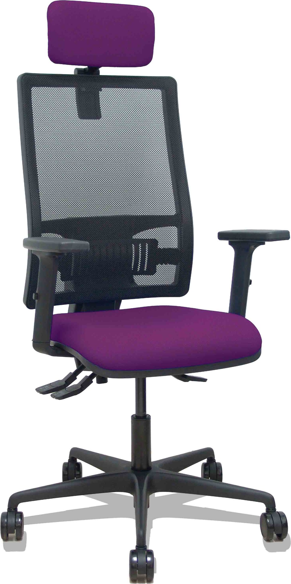 Silla Bormate asincro malla negra asiento bali morado brazos 2D ruedas 65mm cabecero regulable