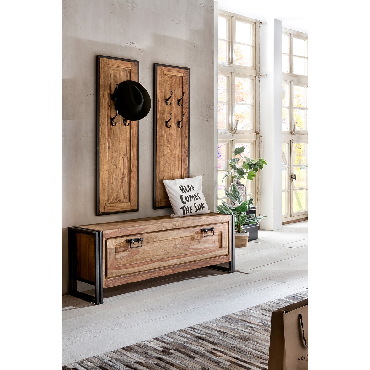 SIT Möbel Plankenset 3 stuks. | 1 schoenenkast, 2 panelen | Acacia + schroot | naturel met antiek zwart | B 130 x D 40 x H 50 cm | 18000-41