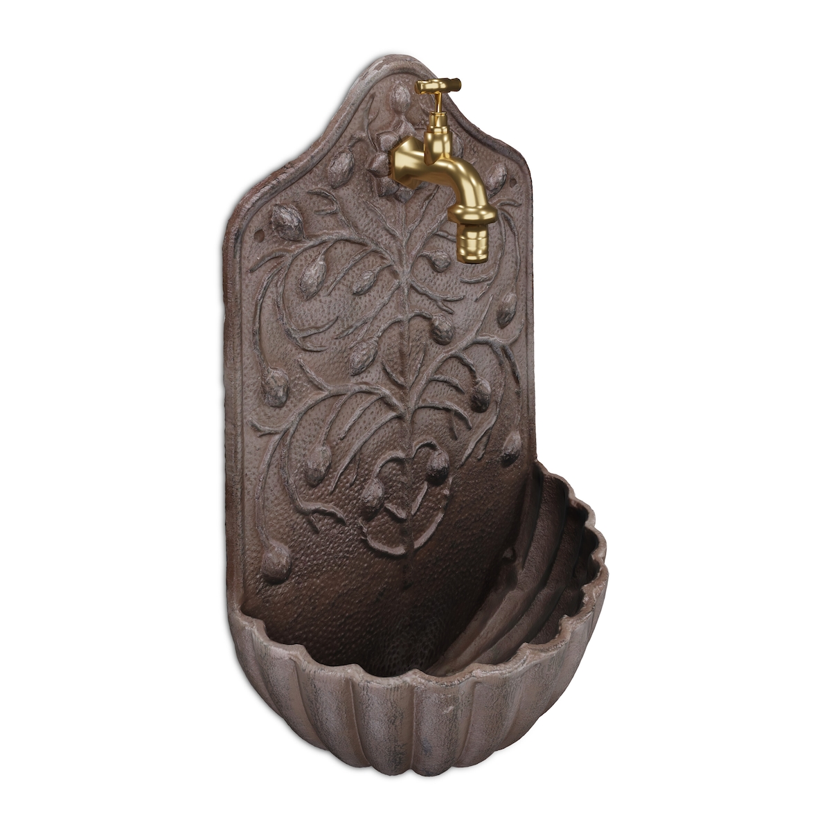 Relaxdays Wandbrunnen, mit Wasserhahn, Waschbecken Garten, Gusseisen, HxBxT: 40 x 24 x 15 cm, antikes Design, braun