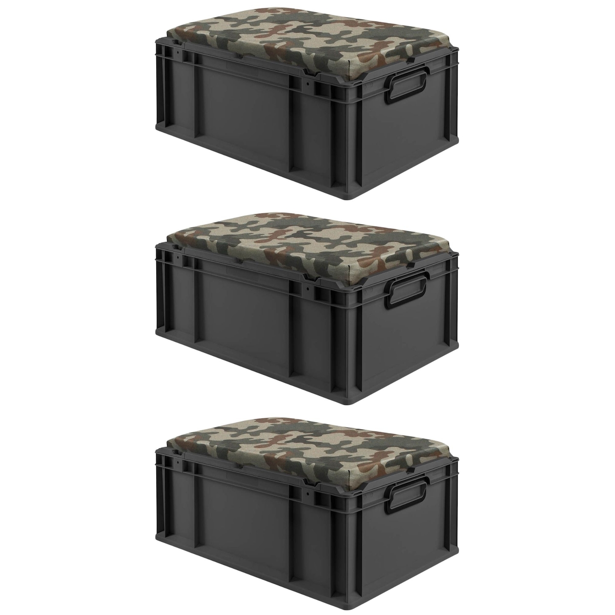 PROREGAL SparSet 3x Eurobox NextGen Seat Box Camouflage, HxBxT 26,5x40x60cm, 44 Liter, Griffe geschlossen, Schwarz, Eurobehälter, Sitzbox