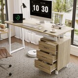thumbnail of Merax Schreibtisch 130×55×75 cm, geräumiger Bürotisch mit 3 Schubladen, integrierter Stauraum, MDF-Tischplatte in Naturholzfarbe & Weiß
