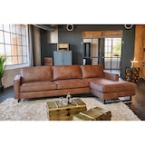 thumbnail of Sofá esquinero KAWOLA VILNIUS de 3 plazas con silla larga derecha de piel sintética con contenido de piel coñac