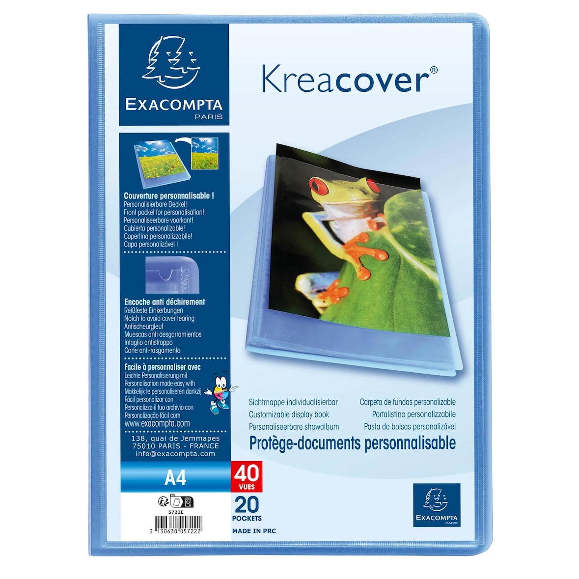 Exacompta 5722E 20x Sichtmappe aus PP 500µ mit 20 Hüllen Kreacover Chromaline, für Format DIN A4 - Blau