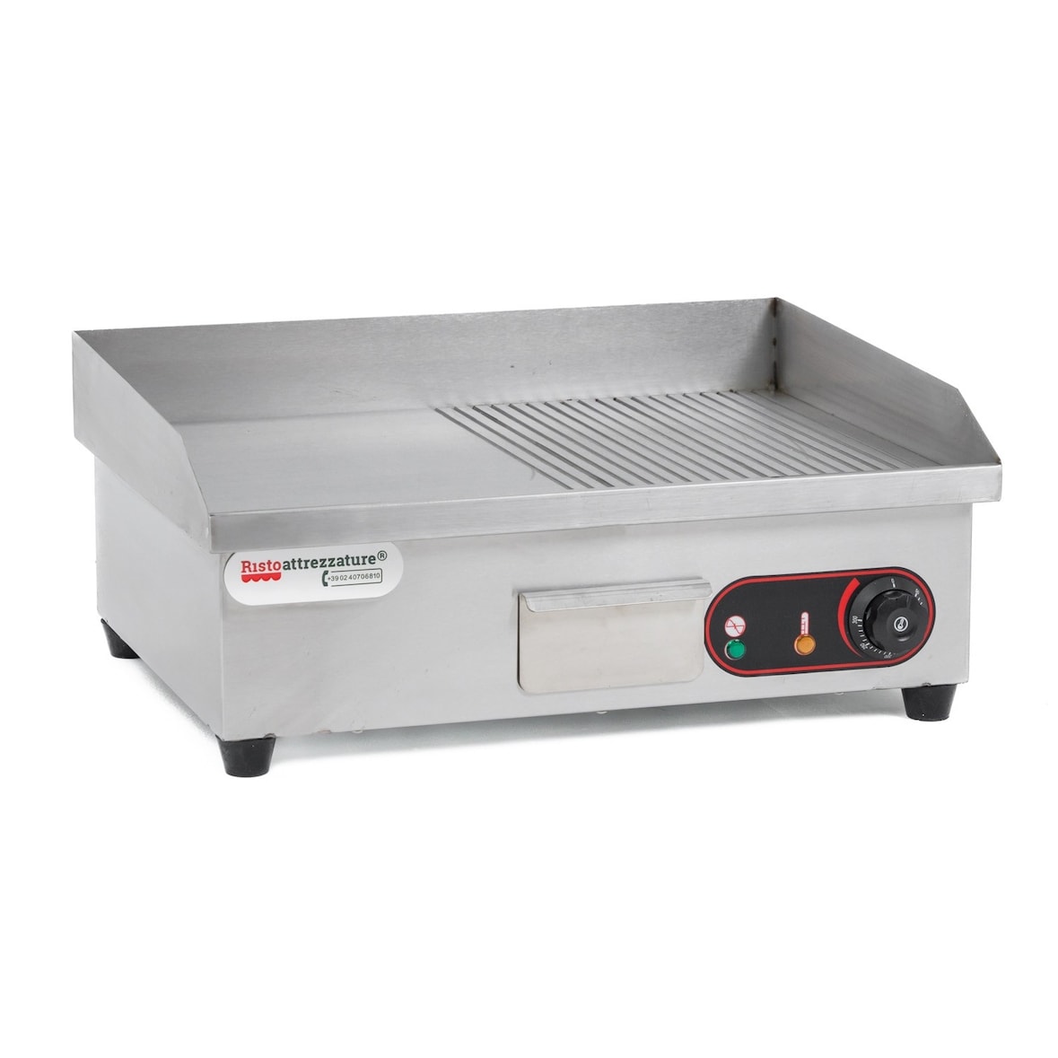 Grill eléctrico de encimera Fry Top - Profesional - Acero inoxidable - 1/2 placa lisa 1/2 acanalada - 3 kW - 55x45x23h cm