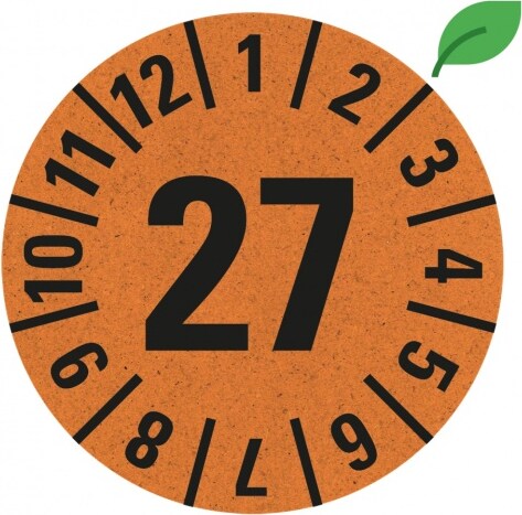 Dreifke® Prüfplakette 27, orange, Graspapier, selbstklebend, Ø 30mm, 18 St/Bogen