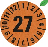 thumbnail of Dreifke® Prüfplakette 27, orange, Graspapier, selbstklebend, Ø 30mm, 18 St/Bogen
