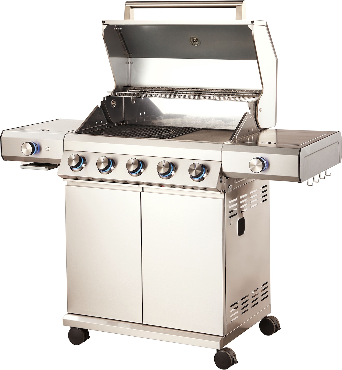 Tarrington House Barbacoa de gas 5 quemadores Glenwood, acero inoxidable, 138 x 56 x 116 cm, con mesas laterales y almacenamiento y ruedas, plateado