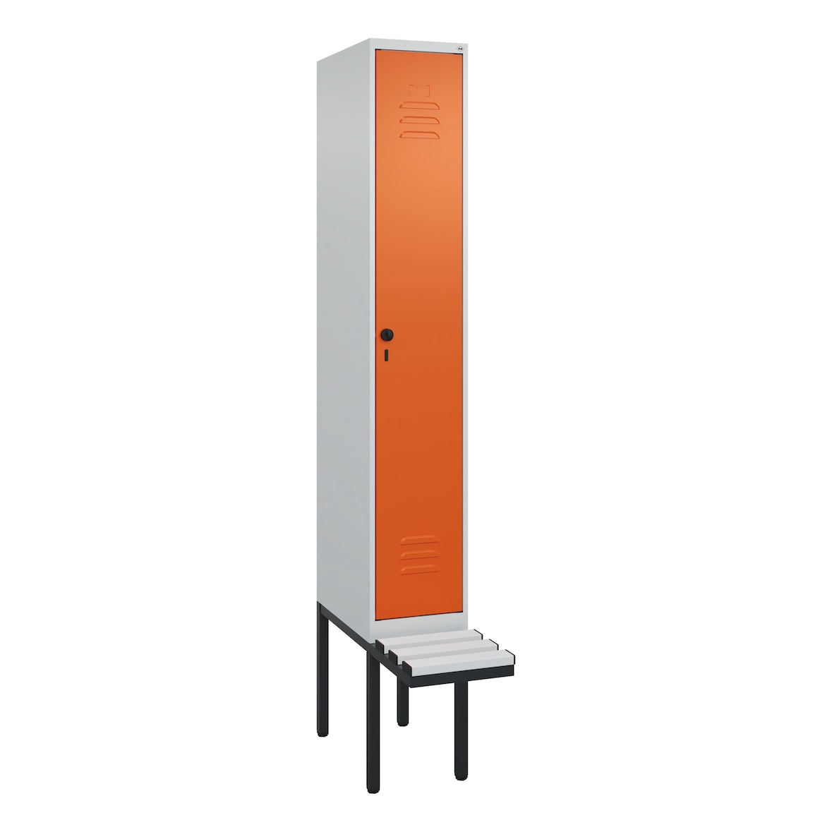 C+P Spind Classic PLUS, Kunststoff schwebende Sitzbank, 1 Abteil, HxBxT 212x30x82cm, Sicherheitsdrehriegel, Hellgrau/Reinorange von PROREGAL