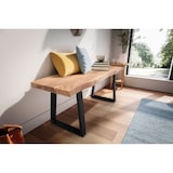 thumbnail of Garderobenbank 120x40x45,5 cm Akazie Massivholz / Metall mit Baumkante, Sitzbank Flur Holzbank Massiv ohne Lehne, Flurbank Modern Eingangsbereich