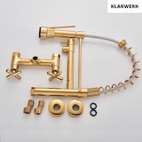 thumbnail of Björn | Herraje de pared para gastronomía dorado brillante Grifo  cocina profesional de acero inoxidable con dos duchas|doble lavabo pared restaurante