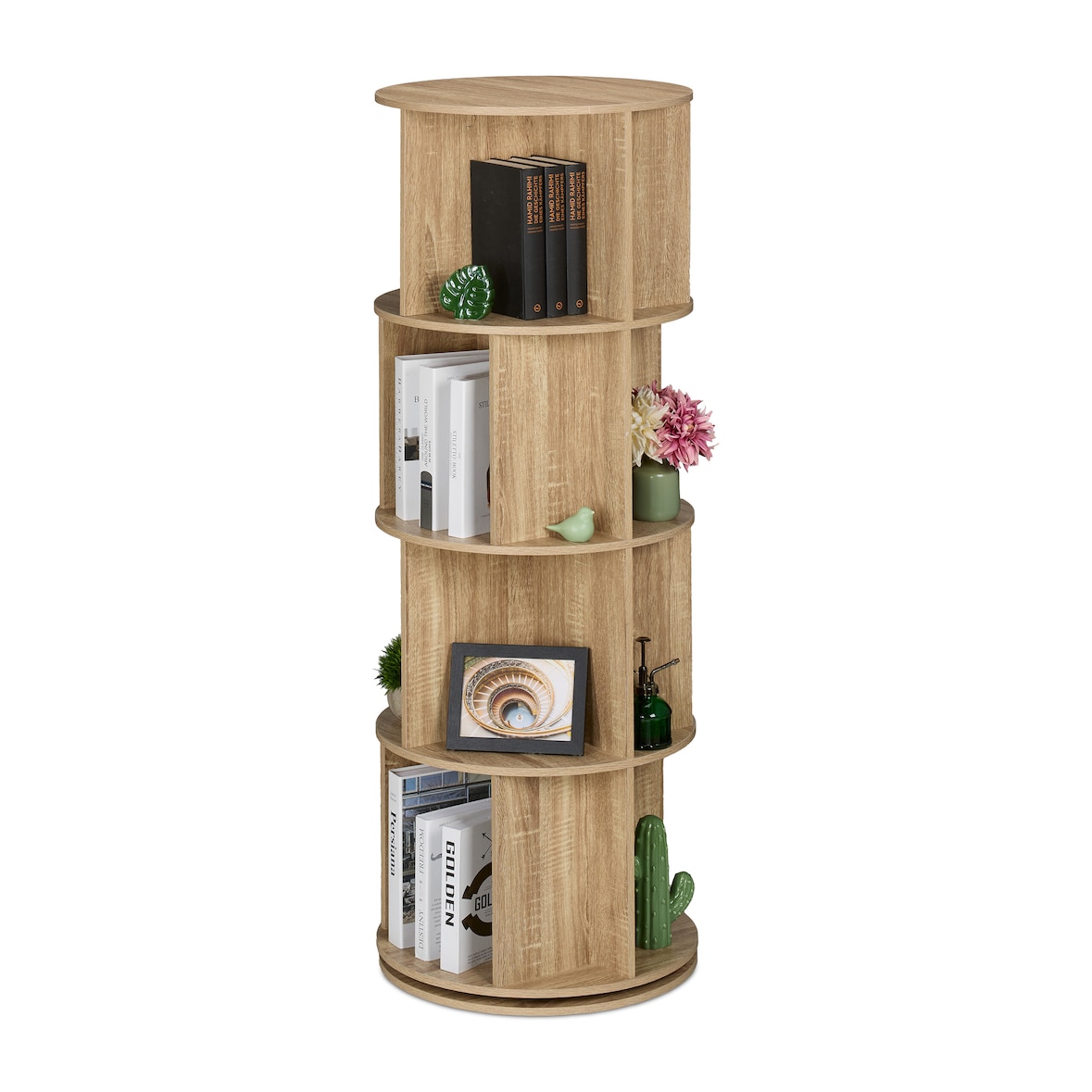Relaxdays Bücherregal drehbar, 20 Fächer, H x D: 137 x 50 cm, Holzoptik, Drehregal für Bücher & DVDs, Bücherturm, natur