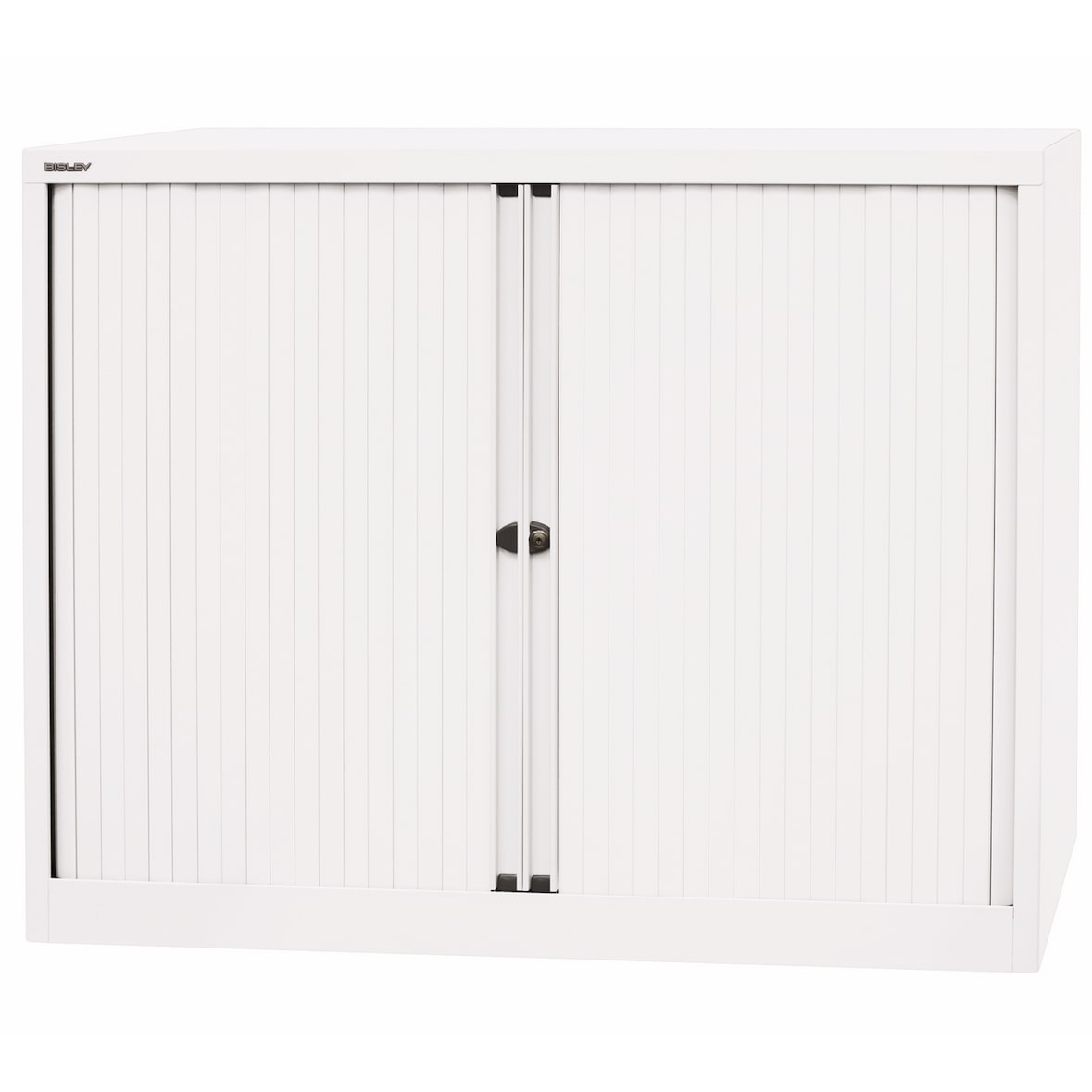 BISLEY Rollladenschrank in verkehrsweiß abschließbar Schrank aus Metall Rolladen aus Kunststoff inkl. 2 Einlegeböden