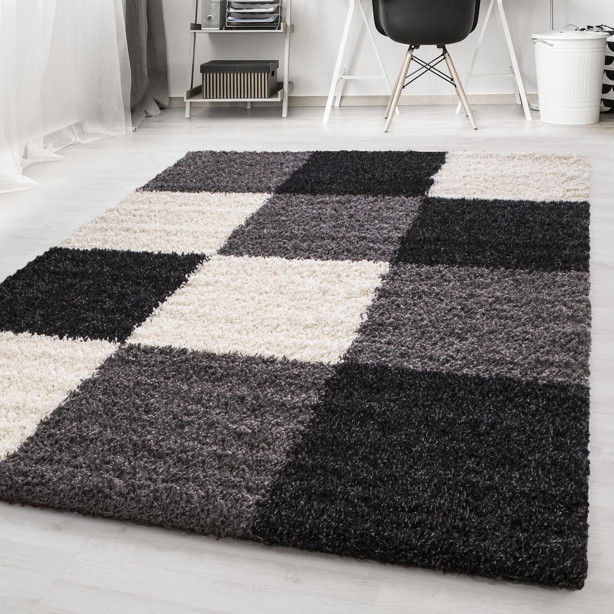 Carpetsale24 Teppich Wohnzimmer Hochflor, Langflor Shaggy Teppich Karo Muster, Pflegeleicht, Schwarz, 200 x 290 cm