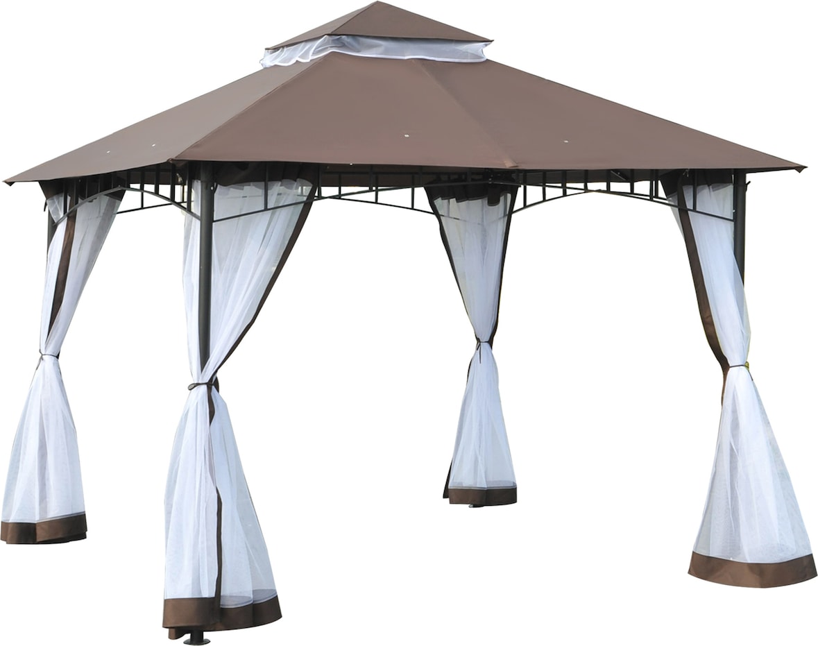 Cenador de Jardín 3x3m con Doble Techo y Mosquiteras Laterales con Cremallera Buena Ventilación para Terraza Eventos Fiestas Bodas Marrón y Blanco