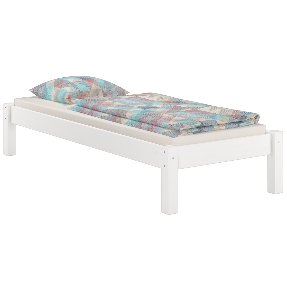 Futonbett weiß ohne Kopfteil Kiefer massiv 90x200 mit Matratze und Rollrost aus Federleisten 60.35-09WFLM