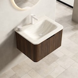 thumbnail of Badezimmer-Waschtisch 37x60x46 Roma Travertin Becken Sperrholzschrank Soft-Close LED Vormontiert Walnuss