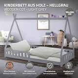 thumbnail of ML-Design Kinderbett Tipi 90 × 200 cm Hellgrau mit Rausfallschutz & Lattenrost – Kiefer, Hausbett mit Zaun, Bodenbett/Spielbett