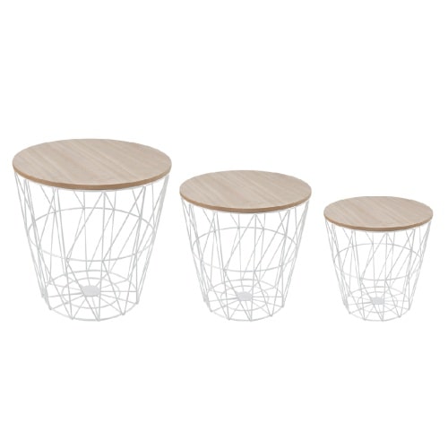 Beistelltisch Set 3tlg Drahtkorb Stauraum Metallkorb weiß Platte Holz- hellbraun : Hell