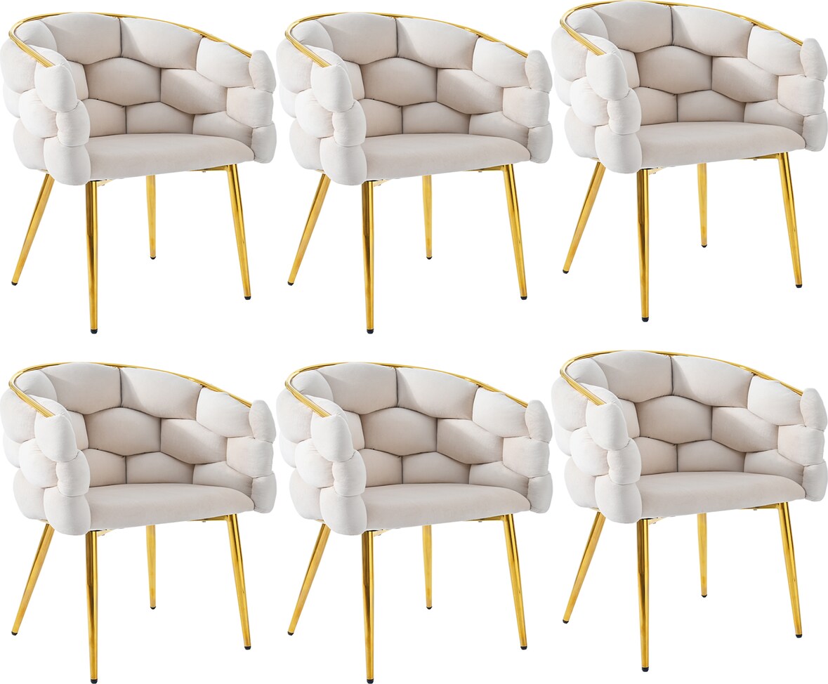 Esszimmerstuhl Set 6 Samt Beige 44x41x74 cm mit goldfarbenem Rückengestell, 6 cm Sitzkissen, verstellbaren Fußstützen und Metallbeinen