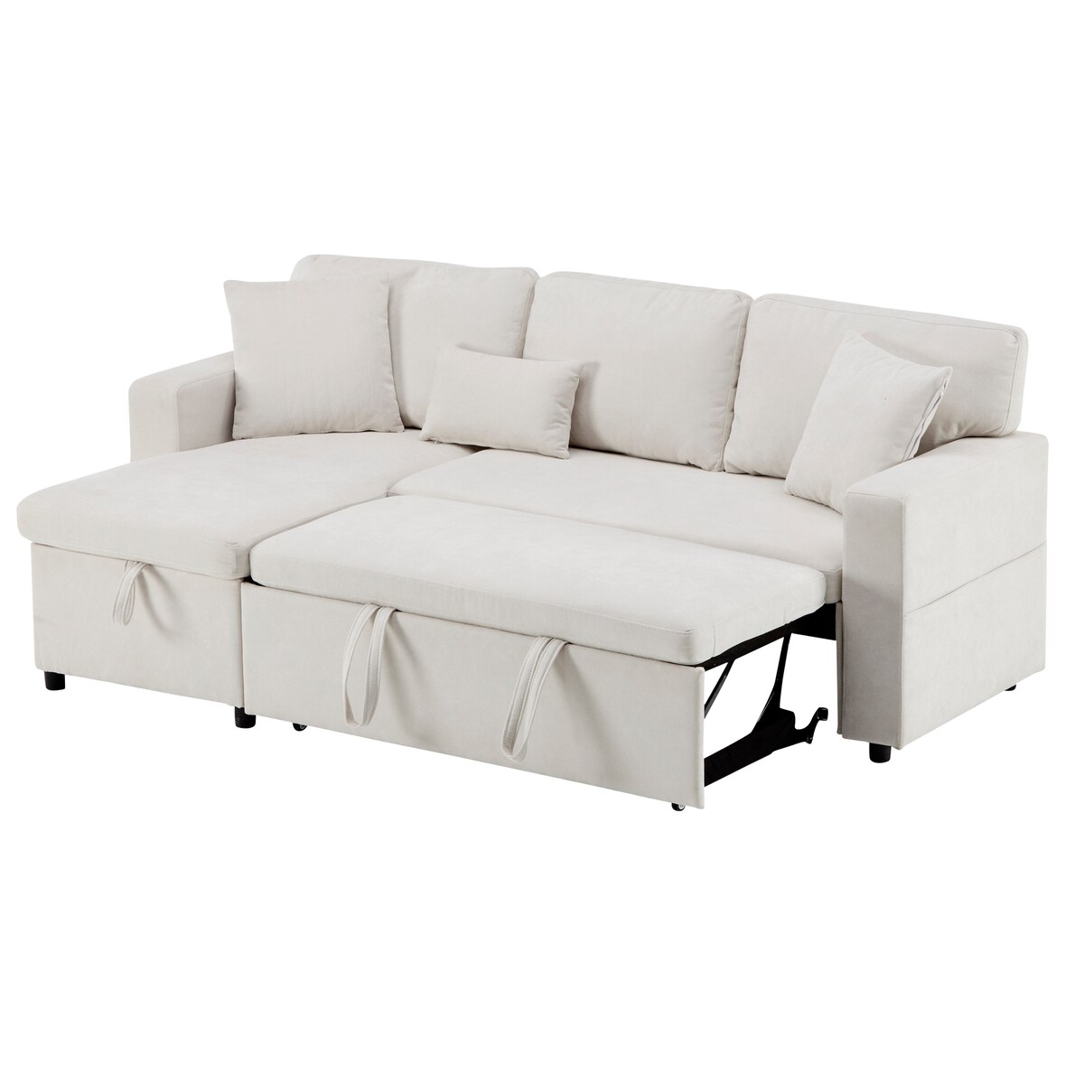 3-Sitzer Schlafsofa Samtstoff 214x131x87 cm mit Ottomane, Bettfunktion, Stauraum, USB-Anschluss, Rollen, MDF-Rahmen, Beige, modern, komfortabel
