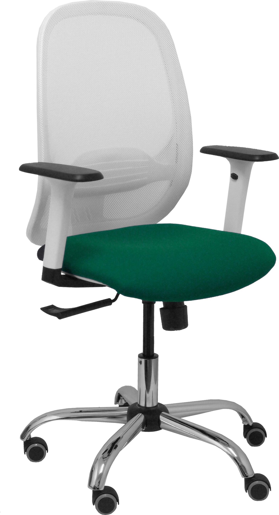 Silla Cilanco blanca malla blanca asiento bali verde botella brazo regulable base cromada ruedas de parqué