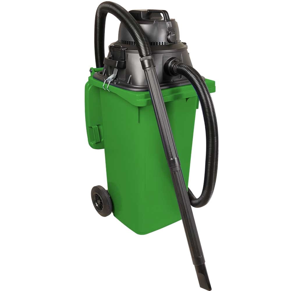 Nass-/Trockensauger/Industriesauger 1100 Watt, mit 120 Liter Behälter (DIN Mülltonne) grün, inkl. zusätzl. Steckdosenanschluss