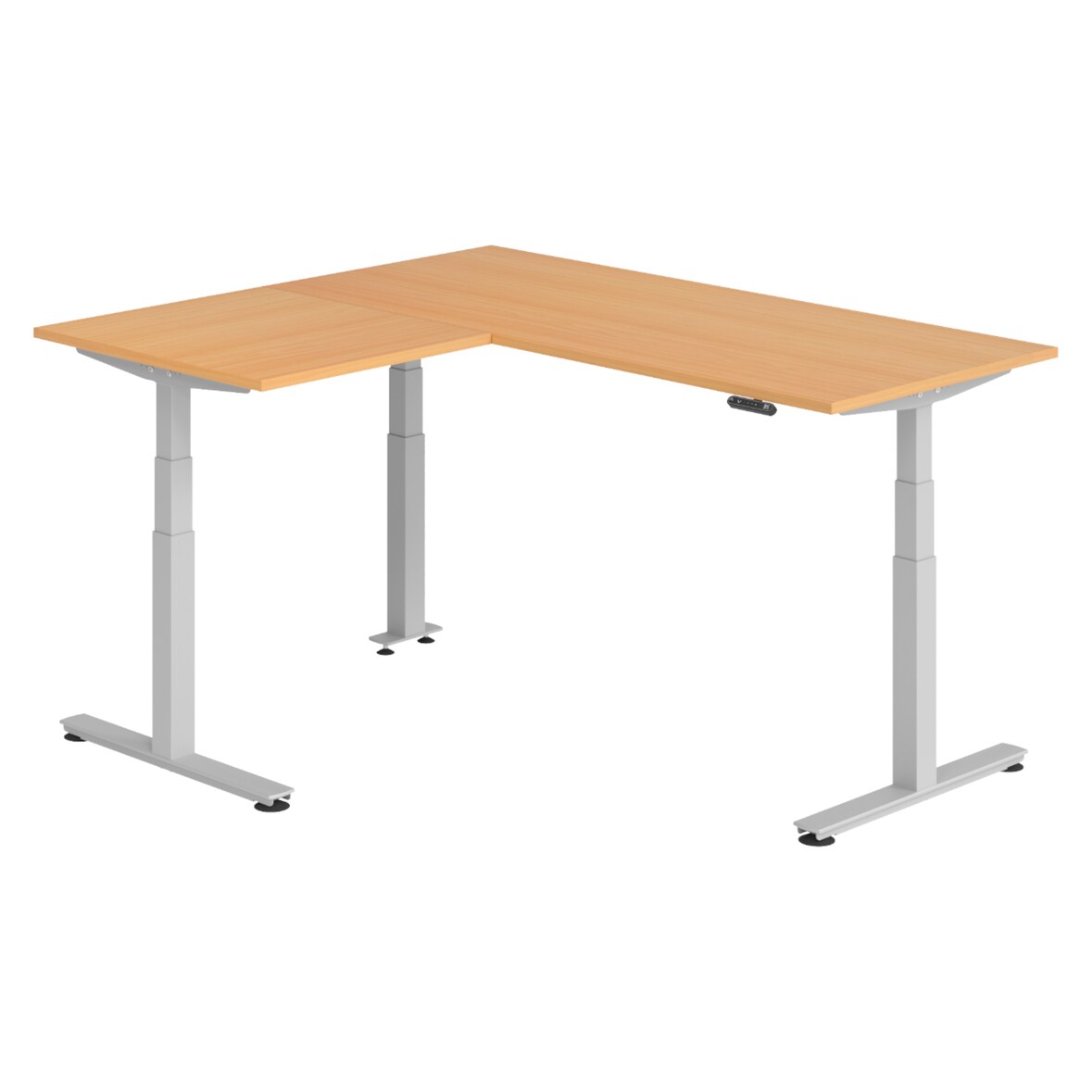 bümö Eckschreibtisch elektrisch höhenverstellbar L-Form: 180 x 160 cm in Buche, Gestell silber - Stehschreibtisch mit Memory-Steuerung, elektrischer