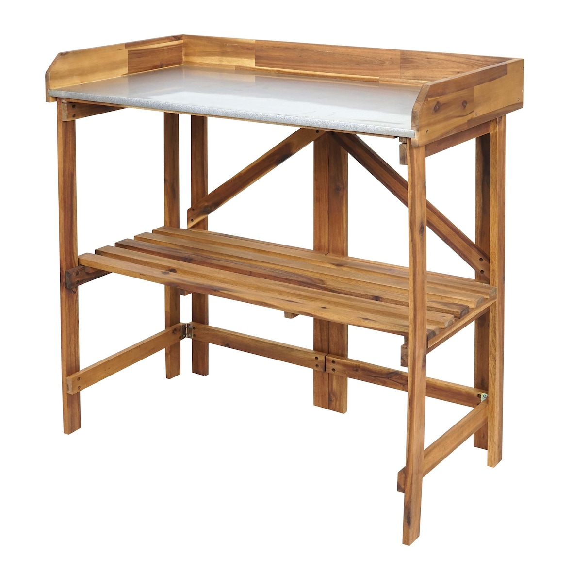 Table à planter HWC-L18, table de jardinage, table à fleurs, étagère à plantes, pliable, en bois d'acacia, certifiée MVG, marron