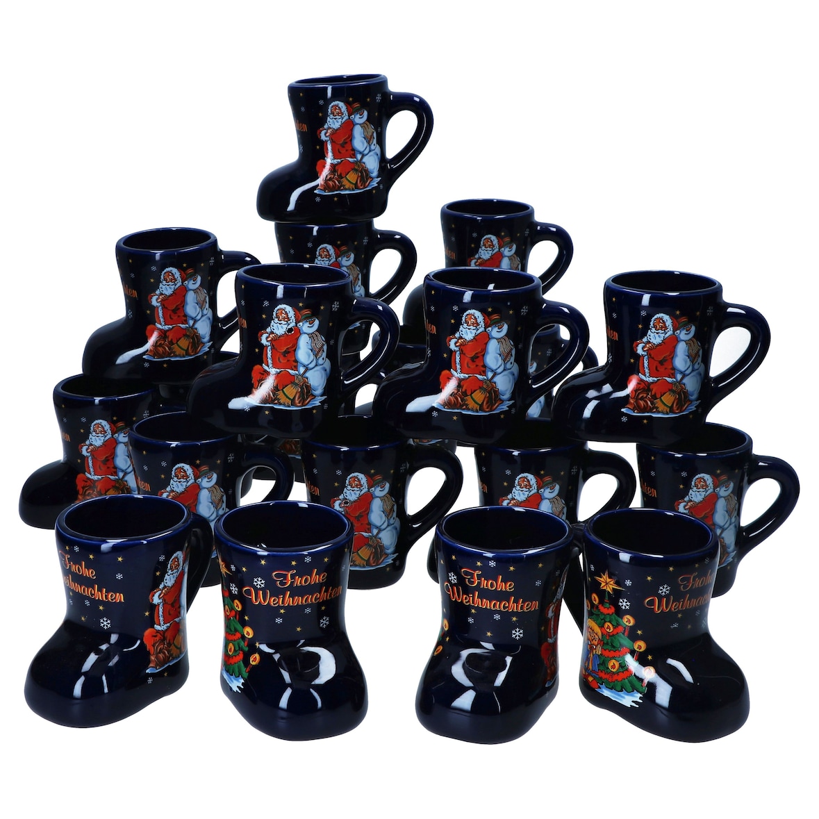 3160050 – 20er Set Glühweinstiefel in dunkelblau mit Weihnachts-Dekor 0,2L geeicht