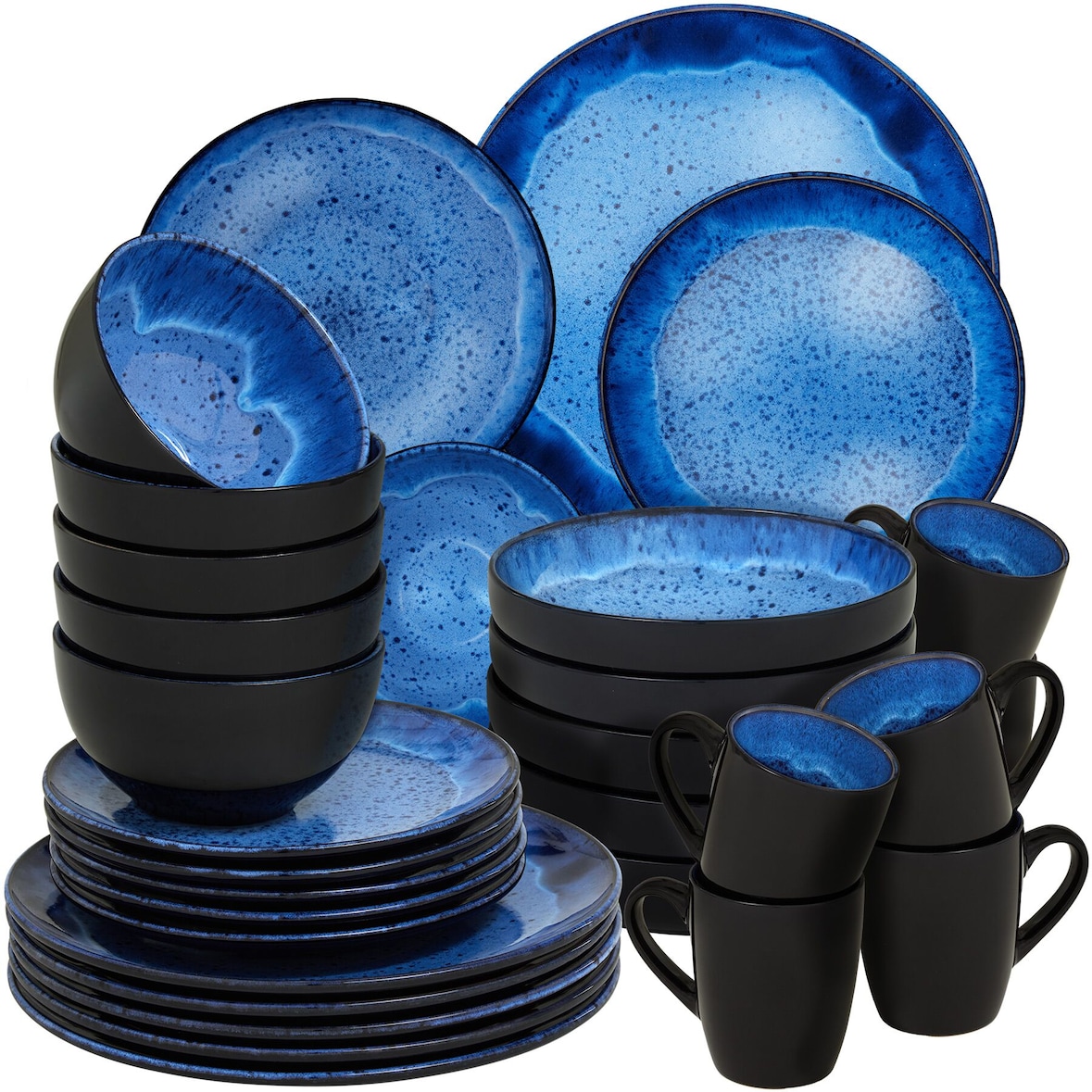 tectake Geschirrset Mare aus Steingut, für 6 Personen, 30 teilig, blau