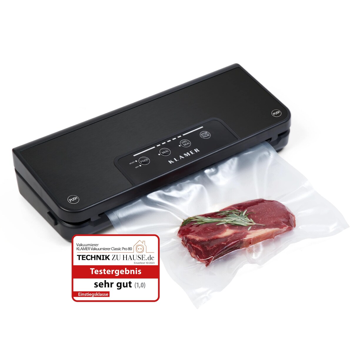 KLAMER Vakuumiergerät Classic Pro 80 - Vakuumierer für trockene oder feuchte Lebensmittel und Sous Vide, inkl. Vakuumier-Beutel und Schlauch