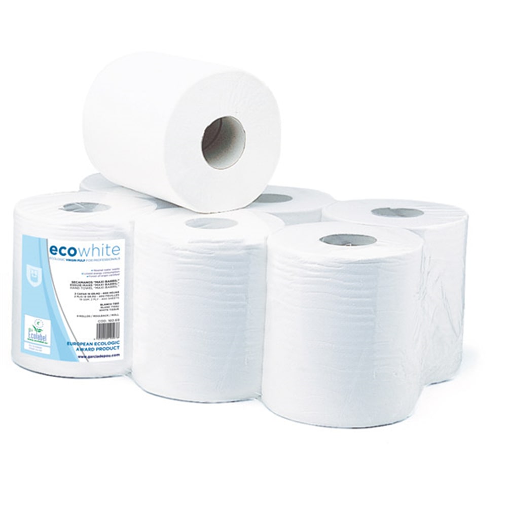 Secamanos "Maxi Barril" Ecolabel 2 Capas - Bobina 1Kg  19 G/M2 Ø 19X21,6 Cm Blanco Tissue (6 unidades)