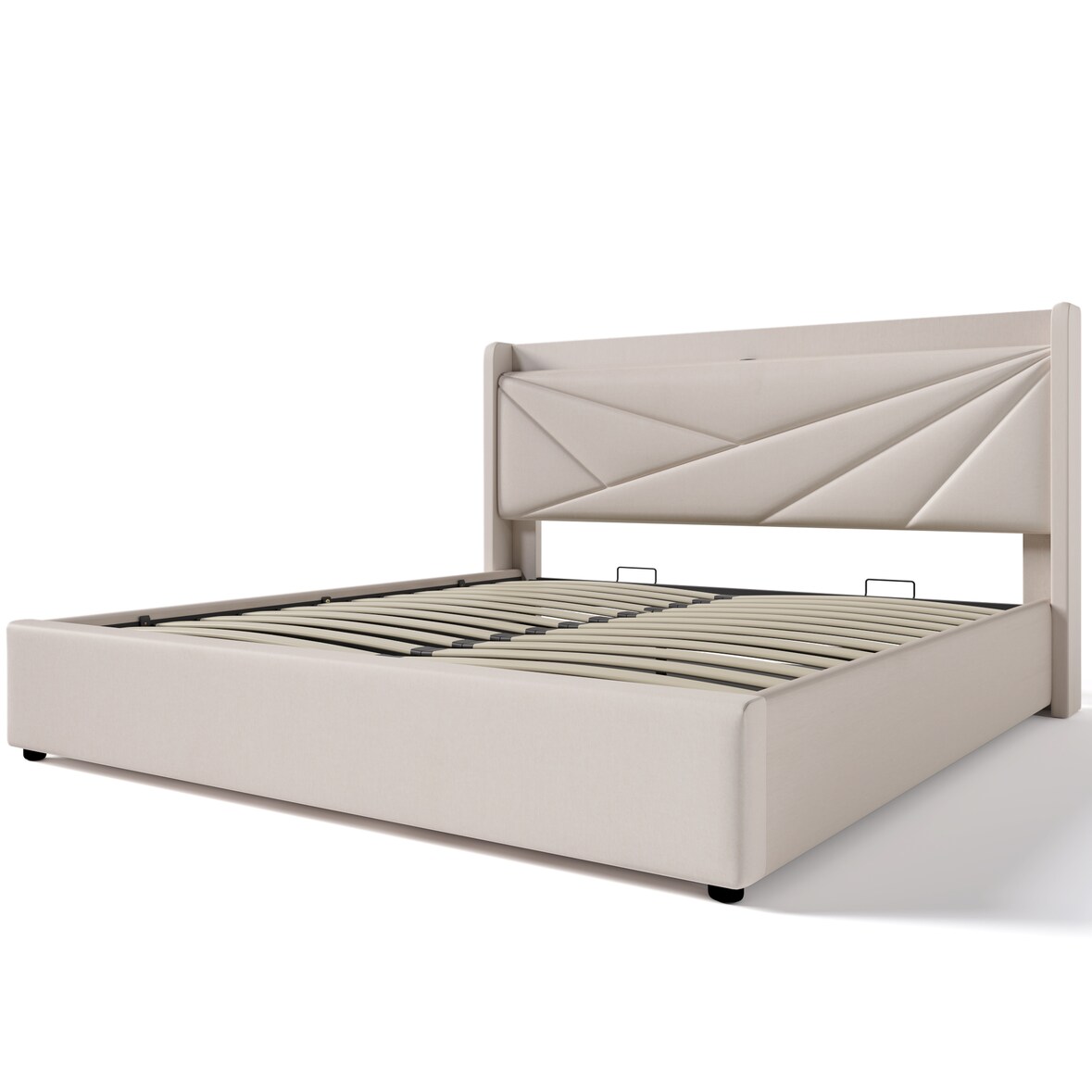 Polsterbett Stauraumbett Bettgestell 140x200 mit USB TypC Ladefunktion Kopfteil Stauraum Eisenrahmen Massivholzlatten stabil modern bequem beige