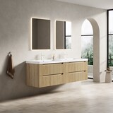 thumbnail of Badezimmer-Waschtisch 53×160×46 cm mit 2 integrierten Waschbecken aus Kunststein im weißen Eichen-Look, mit Soft-Close-Schubladen