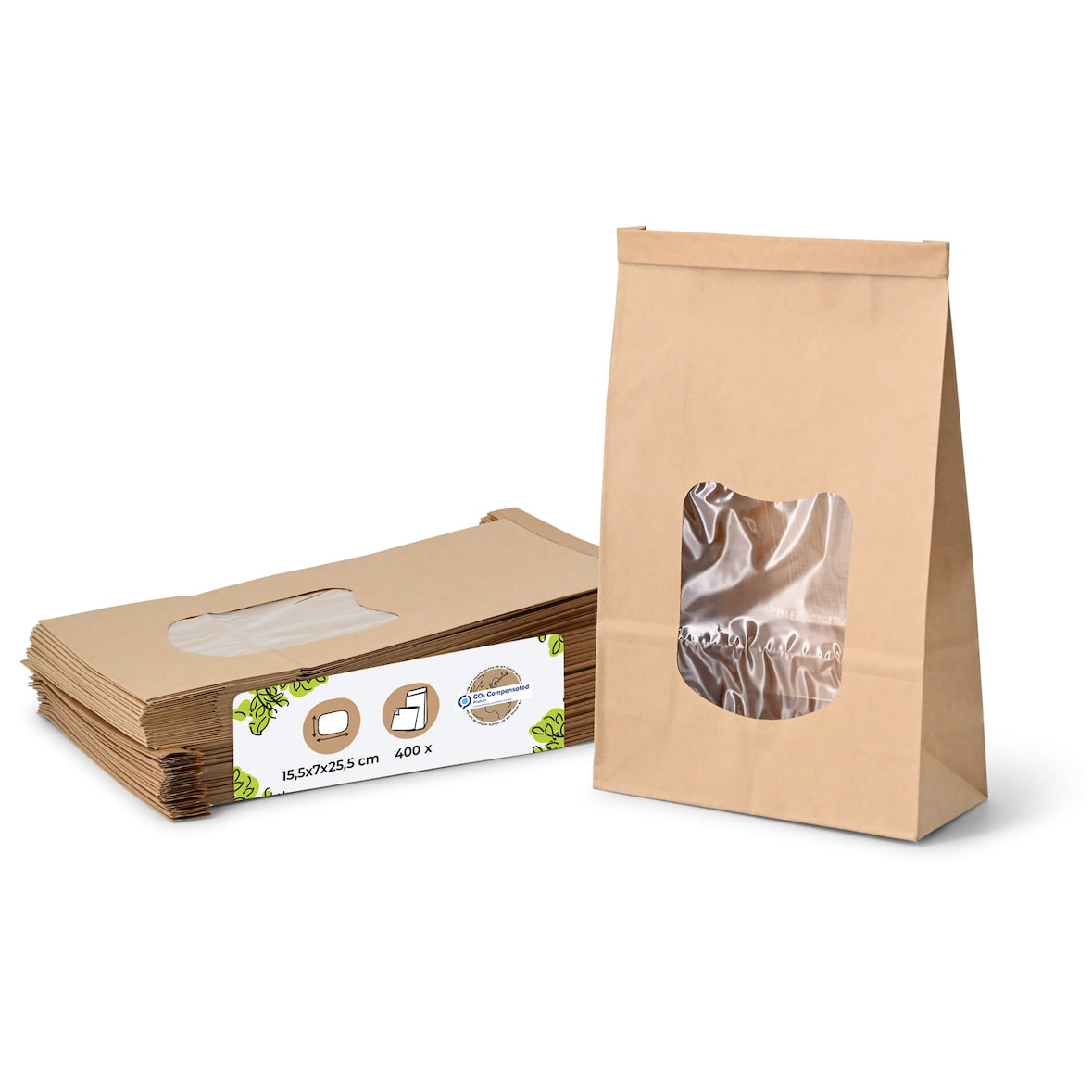 BIOZOYG 400 Stück Kraftpapiertüten 15,5 x 7 x 24,5 cm, Größe L, braun, Papiersäckchen, Blockbeutel, mit Fenster, Papier-Geschenktüten mit Clip