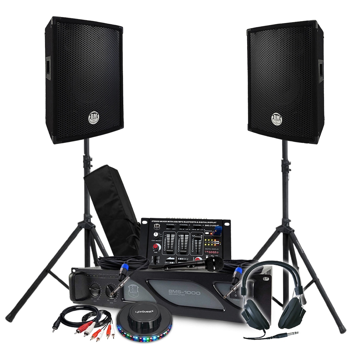Pack Sono 1600W BM SONIC Amplificateur 1000W, Paire d'Enceintes, Table de Mixage, Pieds, Casque, Câbles, Micro Ovni LED DJ Fête
